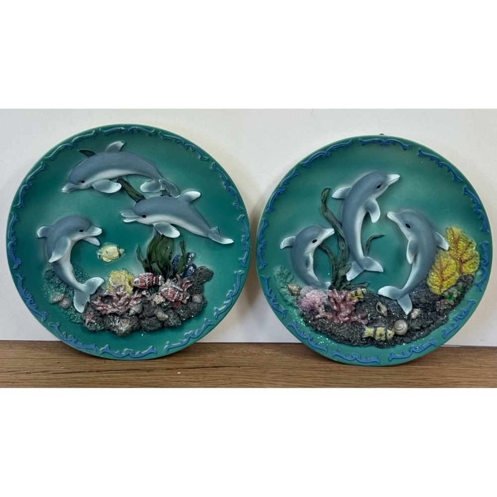 Decorative Wall Plates Set of 2 Teal 3D Dolphin Marine Life Relief 6"